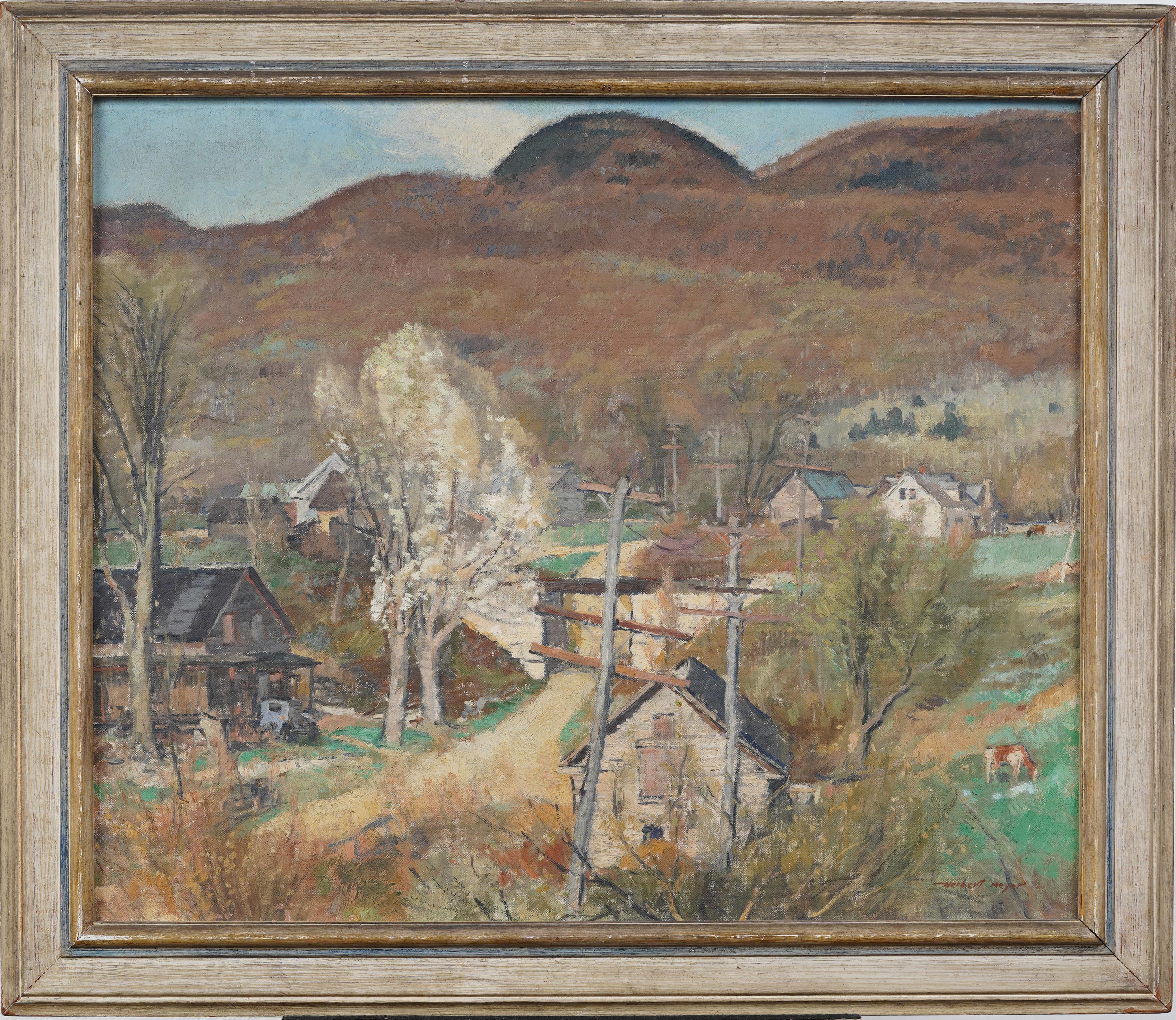 Antike amerikanische Vermont Landschaft gerahmt Kuh grasen Scheune Szene Ölgemälde