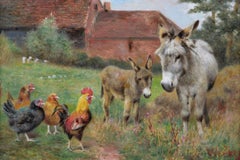 19th Century genre animal oil painting of donkeys, hens & a cockerel