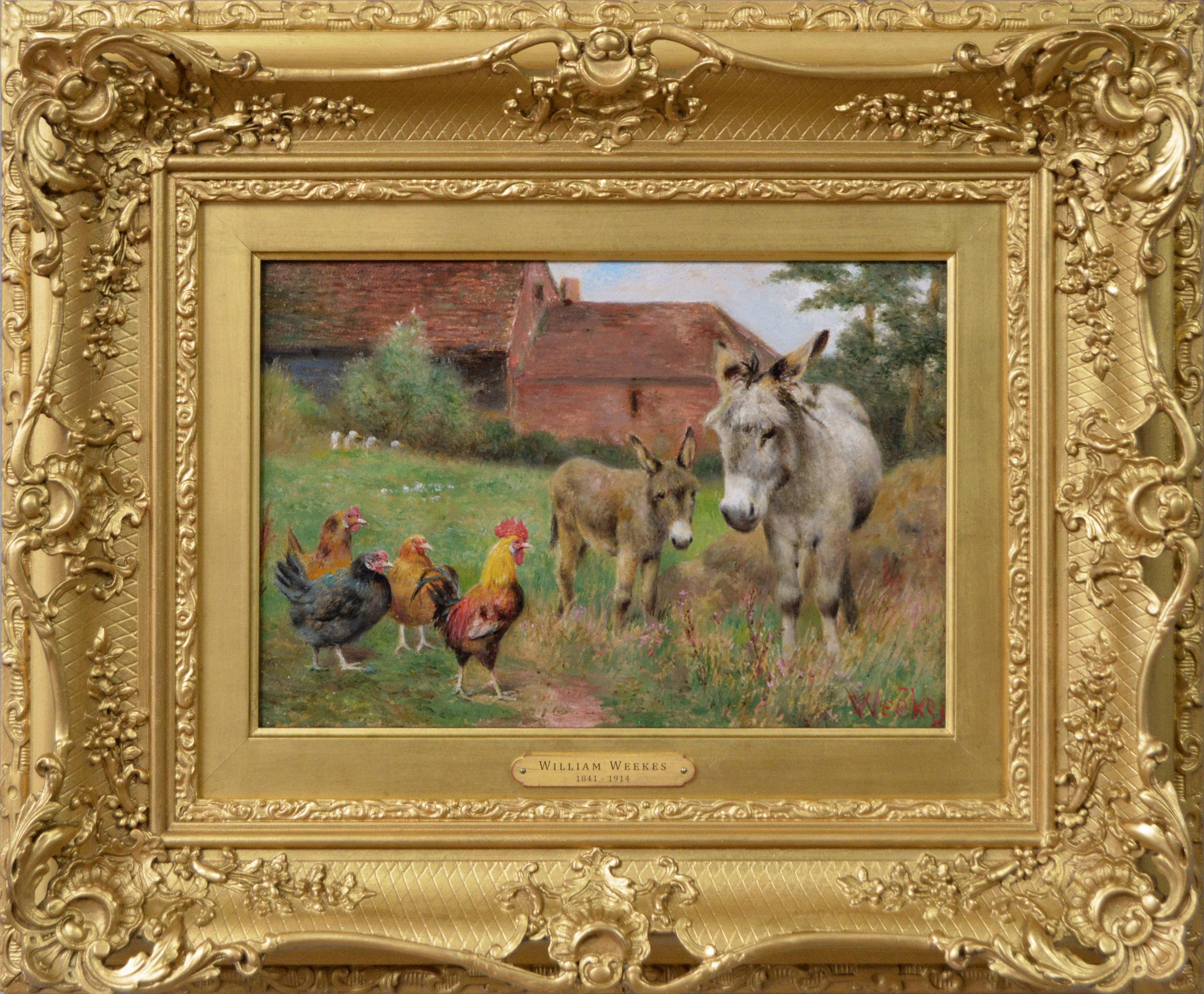 Herbert William Weekes Animal Painting - 19th Century genre animal oil painting of donkeys, hens & a cockerel