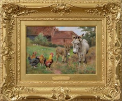 Antique 19th Century genre animal oil painting of donkeys, hens & a cockerel