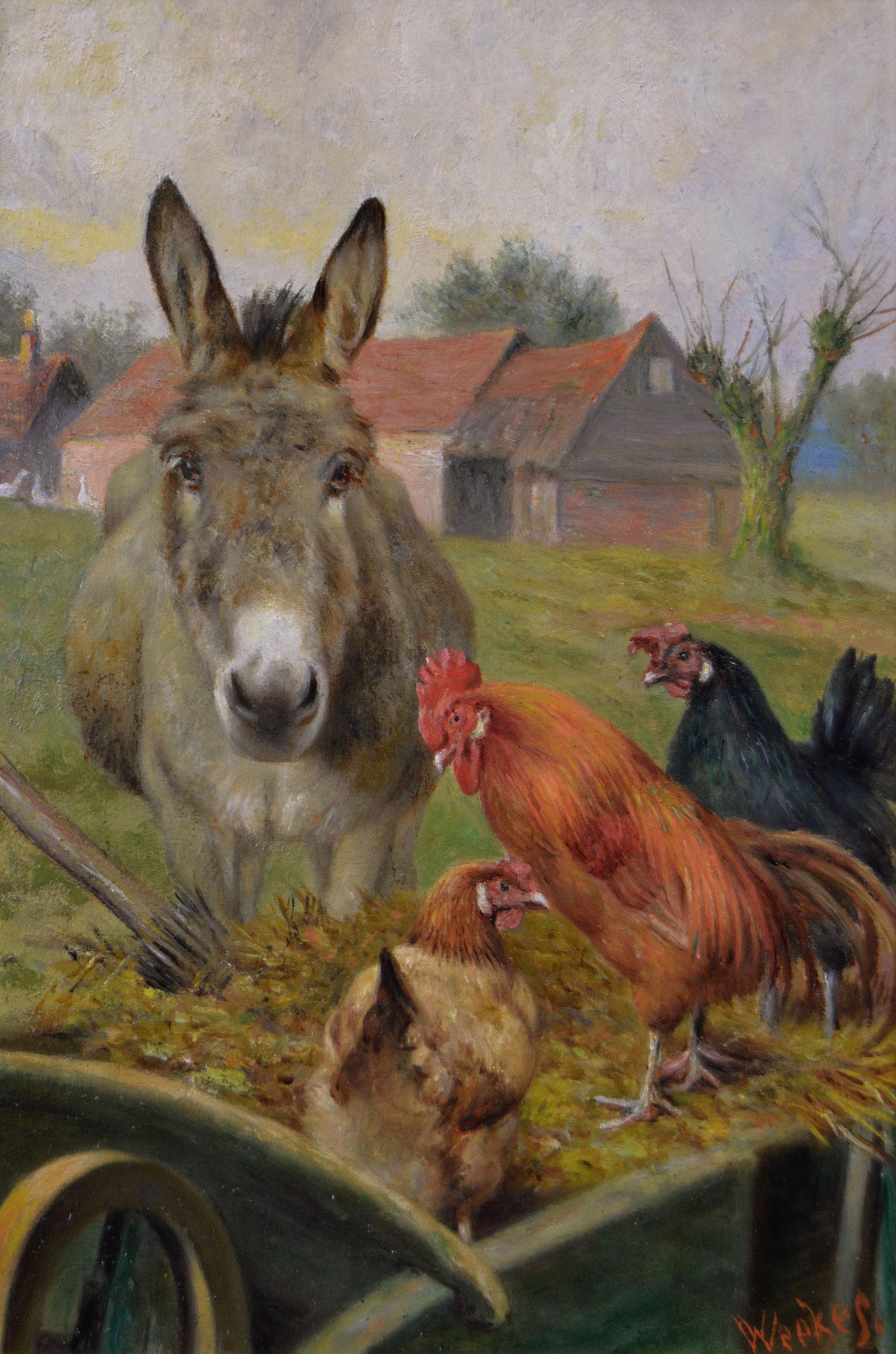 19th Century genre oil painting of a donkey with a cockerel & hens - Painting by Herbert William Weekes