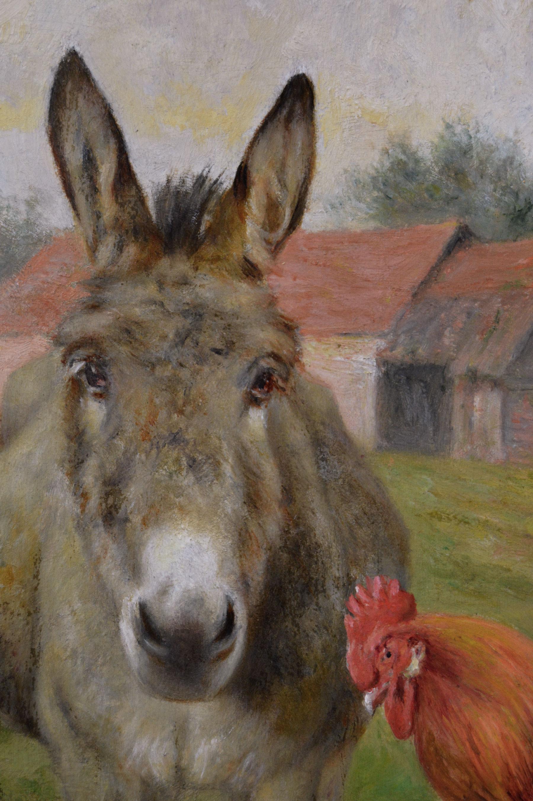 Peinture à l'huile de genre du 19e siècle représentant un âne avec un coq et des hens - Victorien Painting par Herbert William Weekes