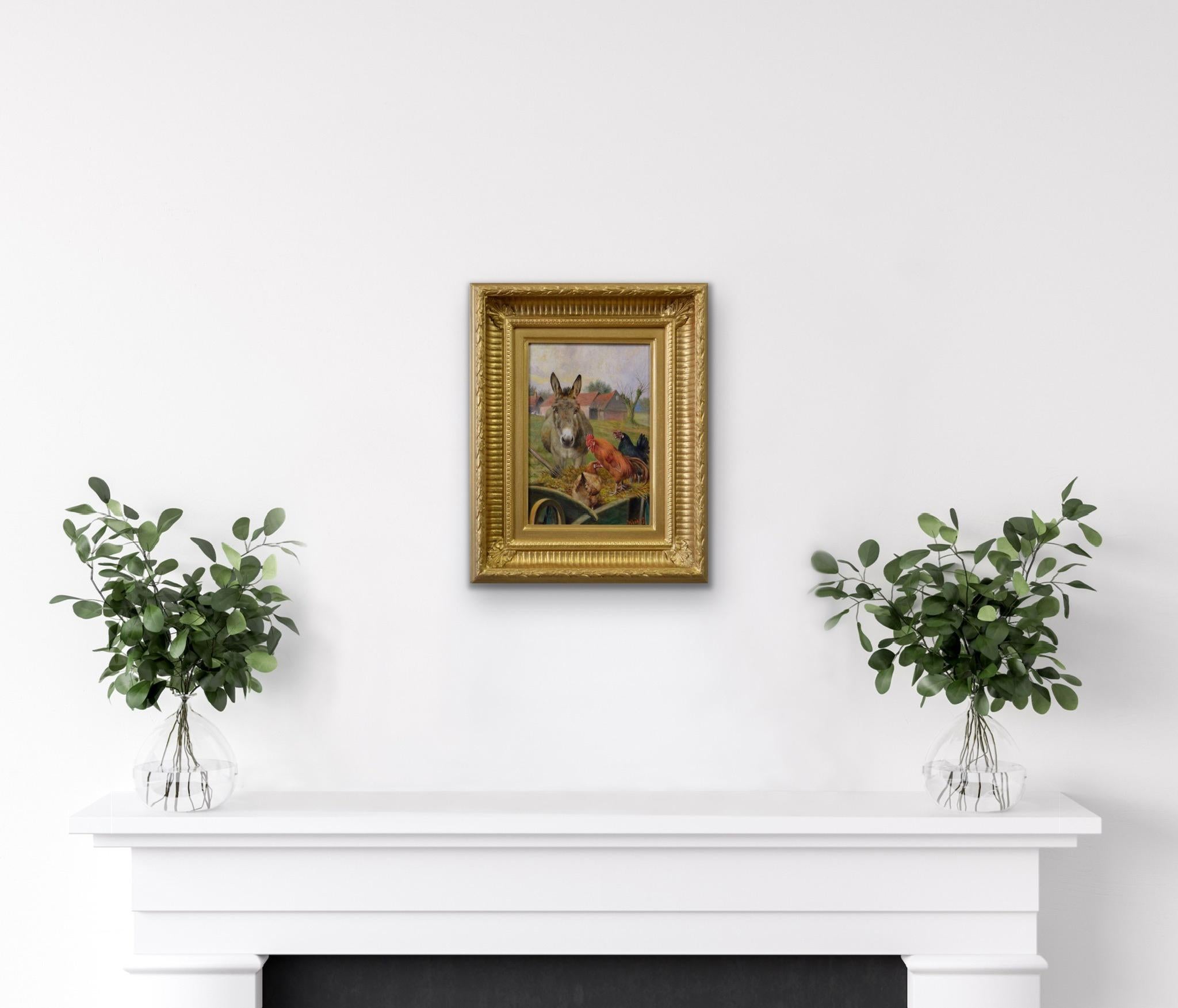Peinture à l'huile de genre du 19e siècle représentant un âne avec un coq et des hens en vente 4