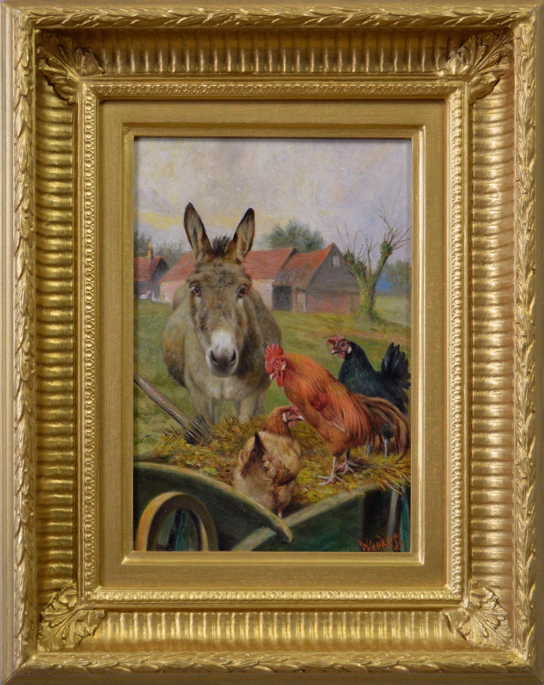 Animal Painting Herbert William Weekes - Peinture à l'huile de genre du 19e siècle représentant un âne avec un coq et des hens