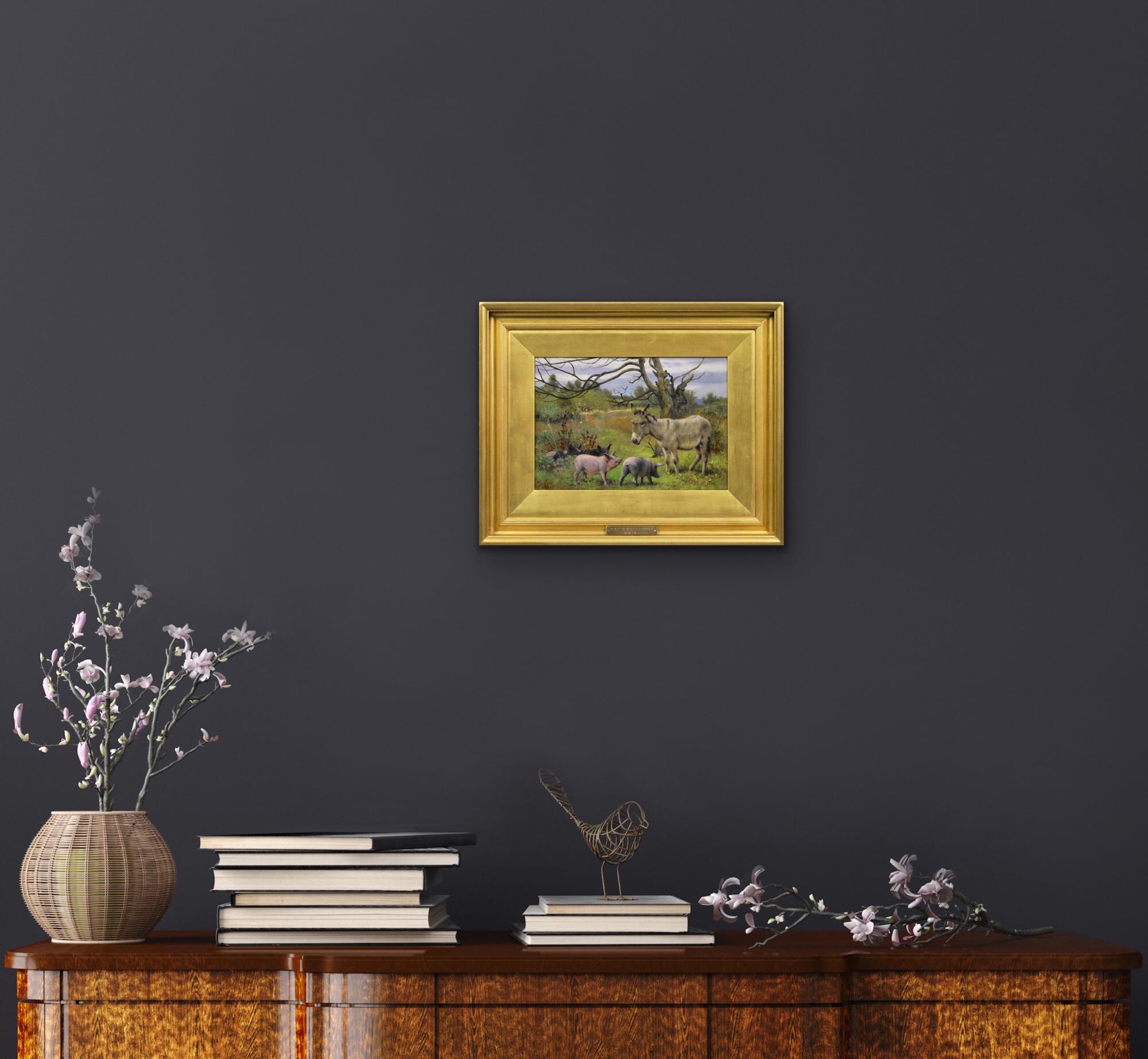19th Century genre oil painting of a donkey with pigs 6