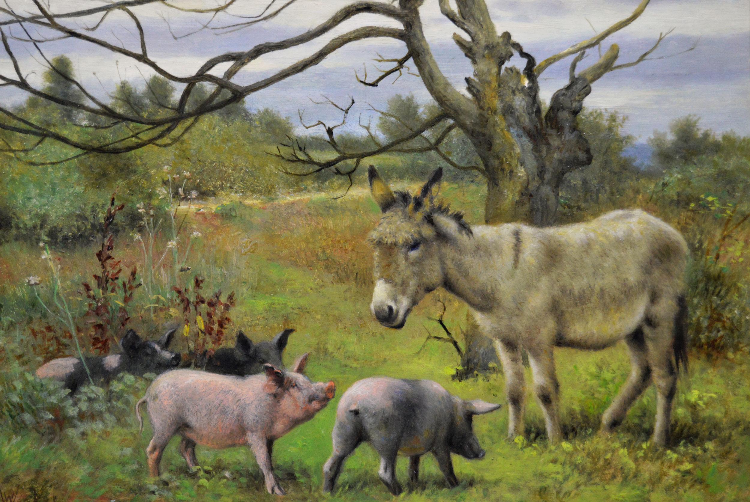 19th Century genre oil painting of a donkey with pigs - Painting by Herbert William Weekes