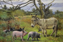 Dipinto a olio di genere del XIX secolo raffigurante un asino con maiali