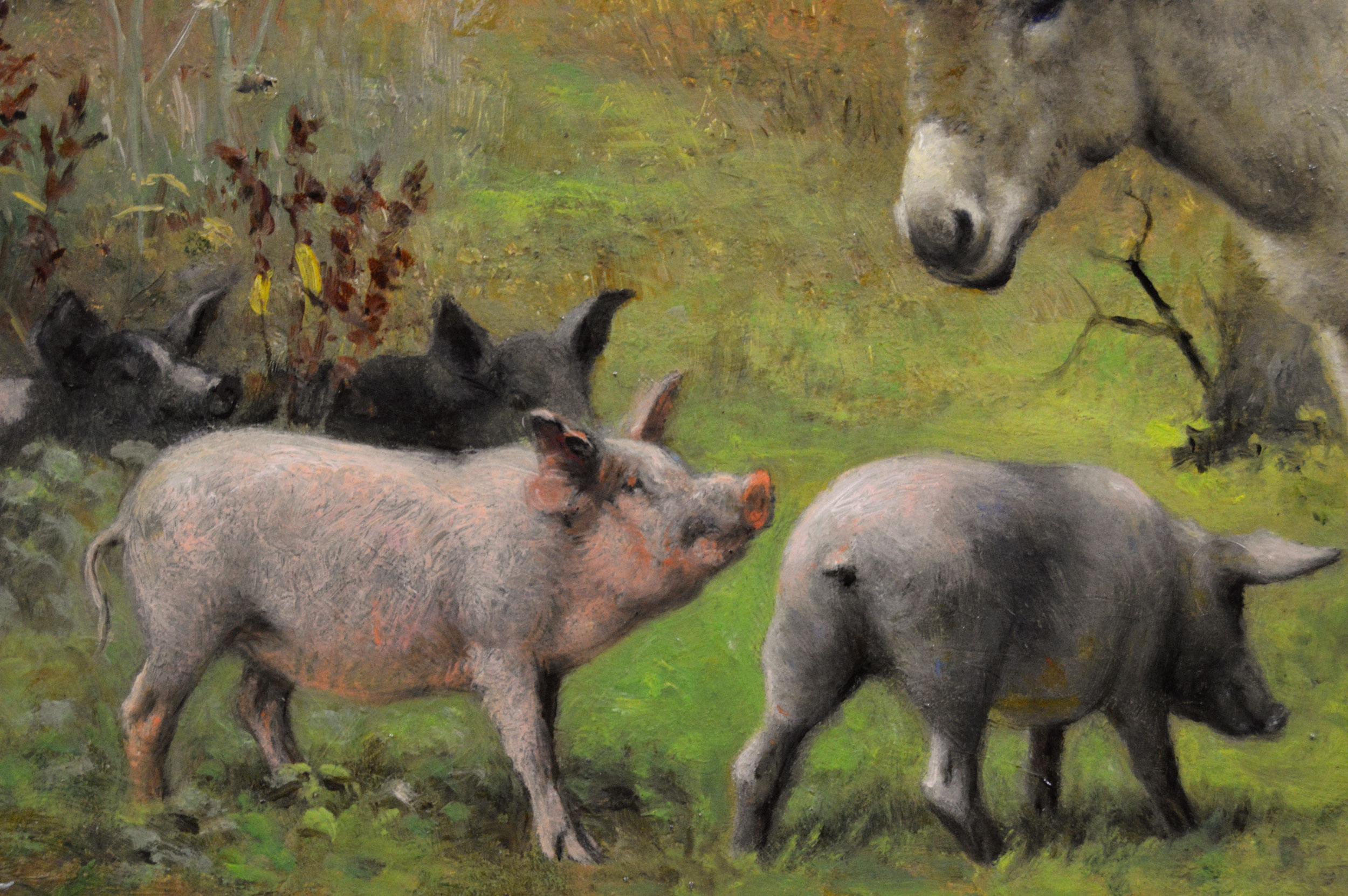 19th Century genre oil painting of a donkey with pigs - Victorian Painting by Herbert William Weekes