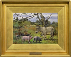 Antique 19th Century genre oil painting of a donkey with pigs