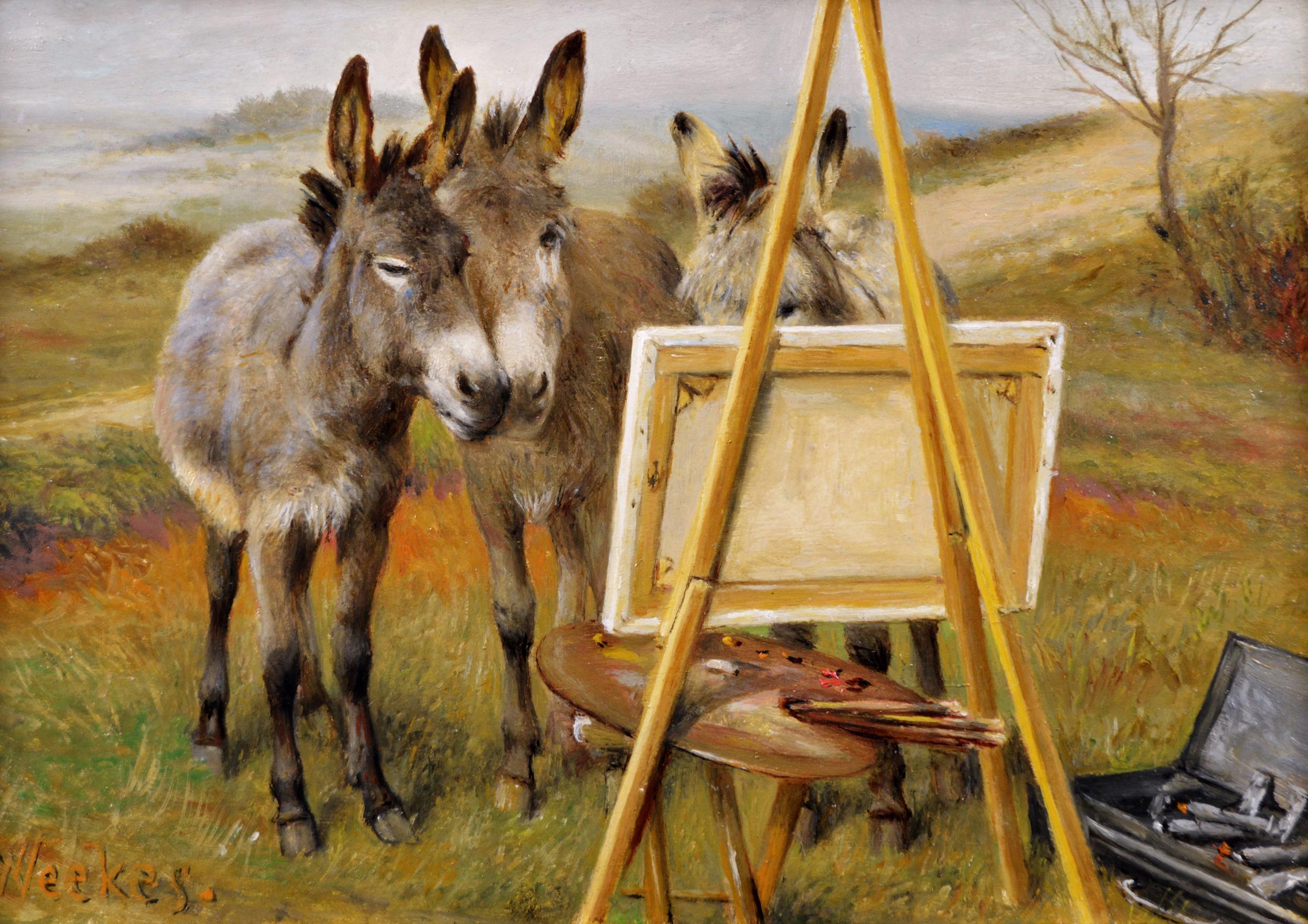 19th Century genre oil painting of donkeys - Painting by Herbert William Weekes