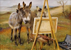 19th Century genre oil painting of donkeys