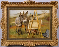 19th Century genre oil painting of donkeys 