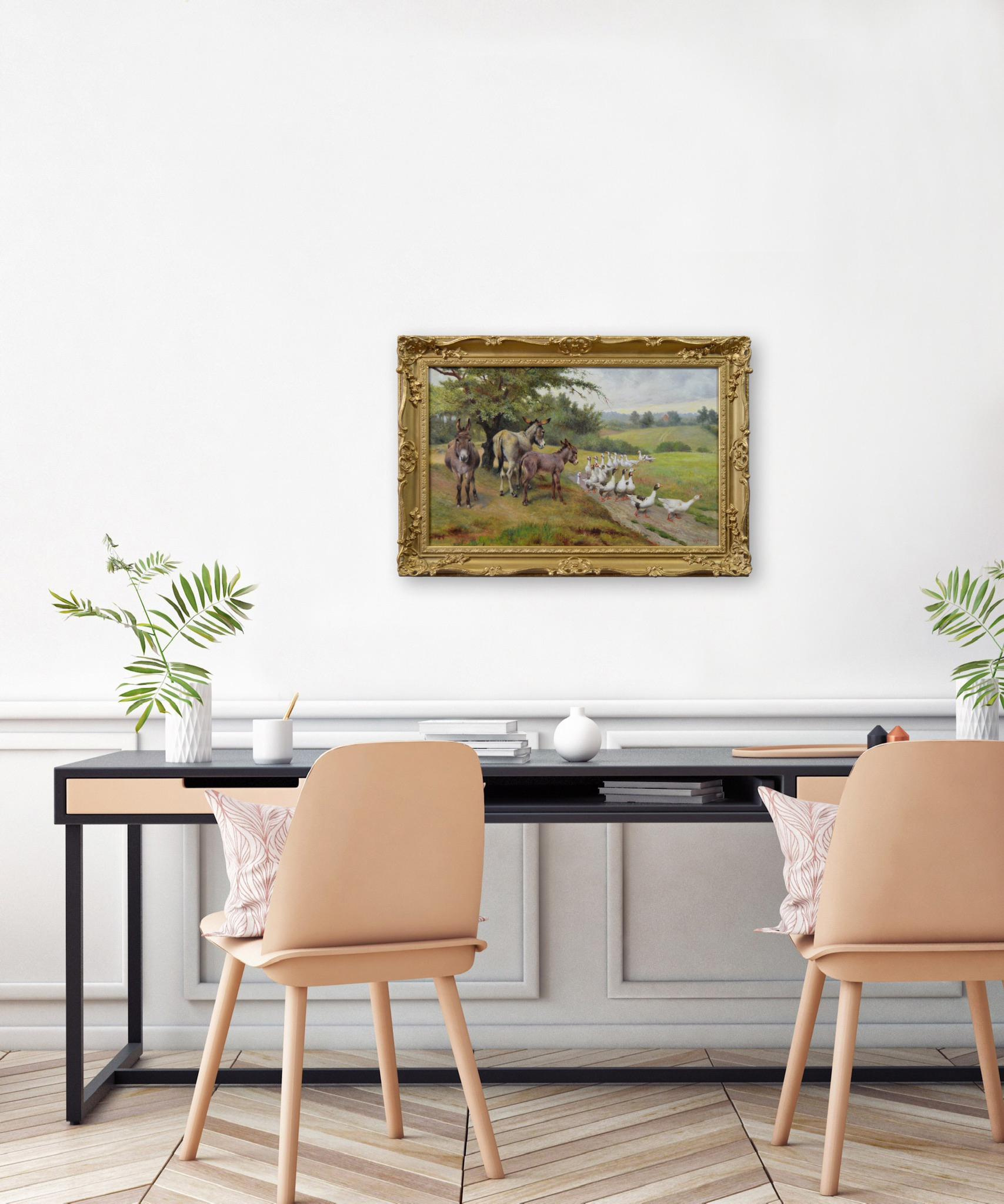 19th Century genre oil painting of donkeys & geese For Sale 3