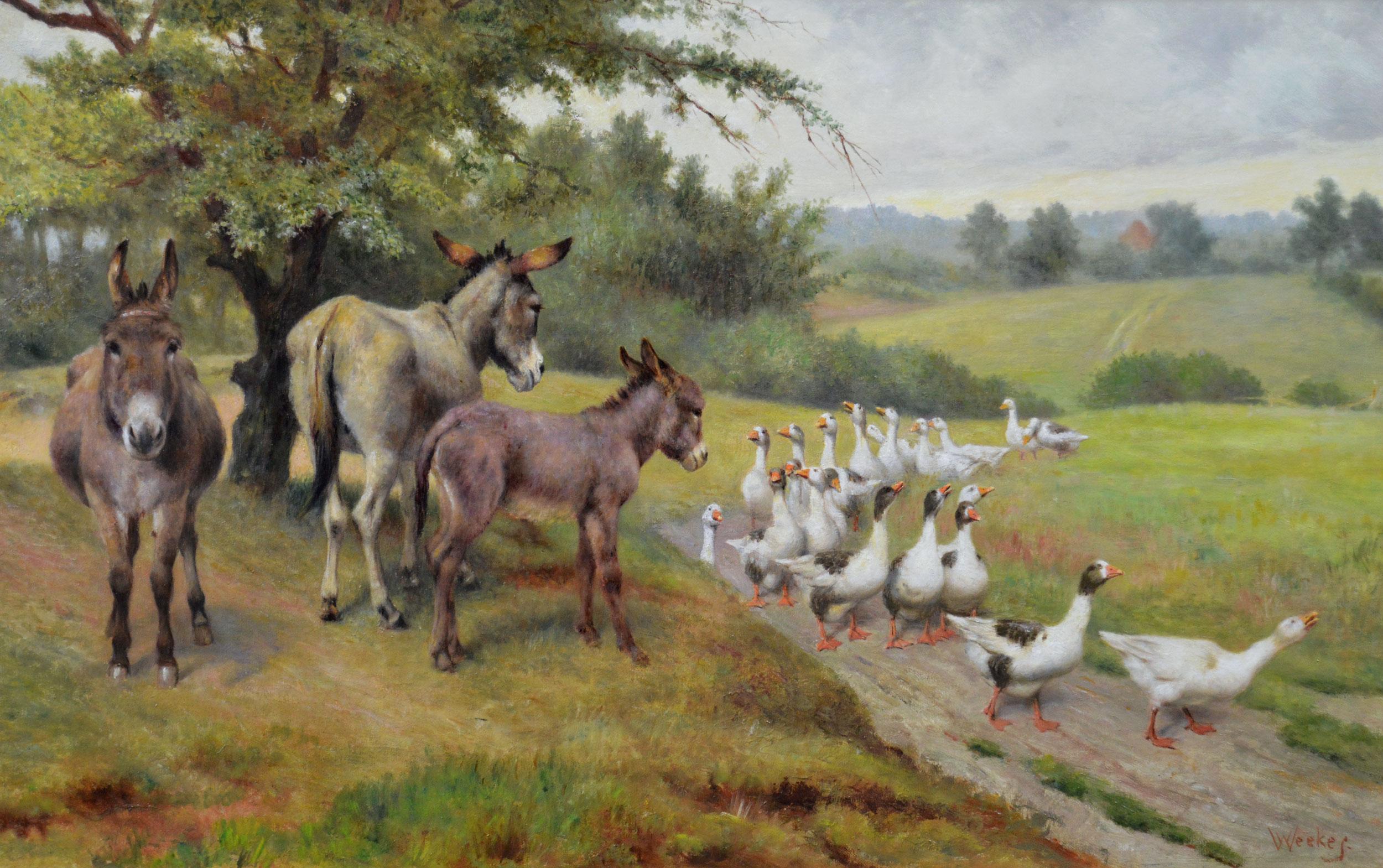 19th Century genre oil painting of donkeys & geese - Painting by Herbert William Weekes