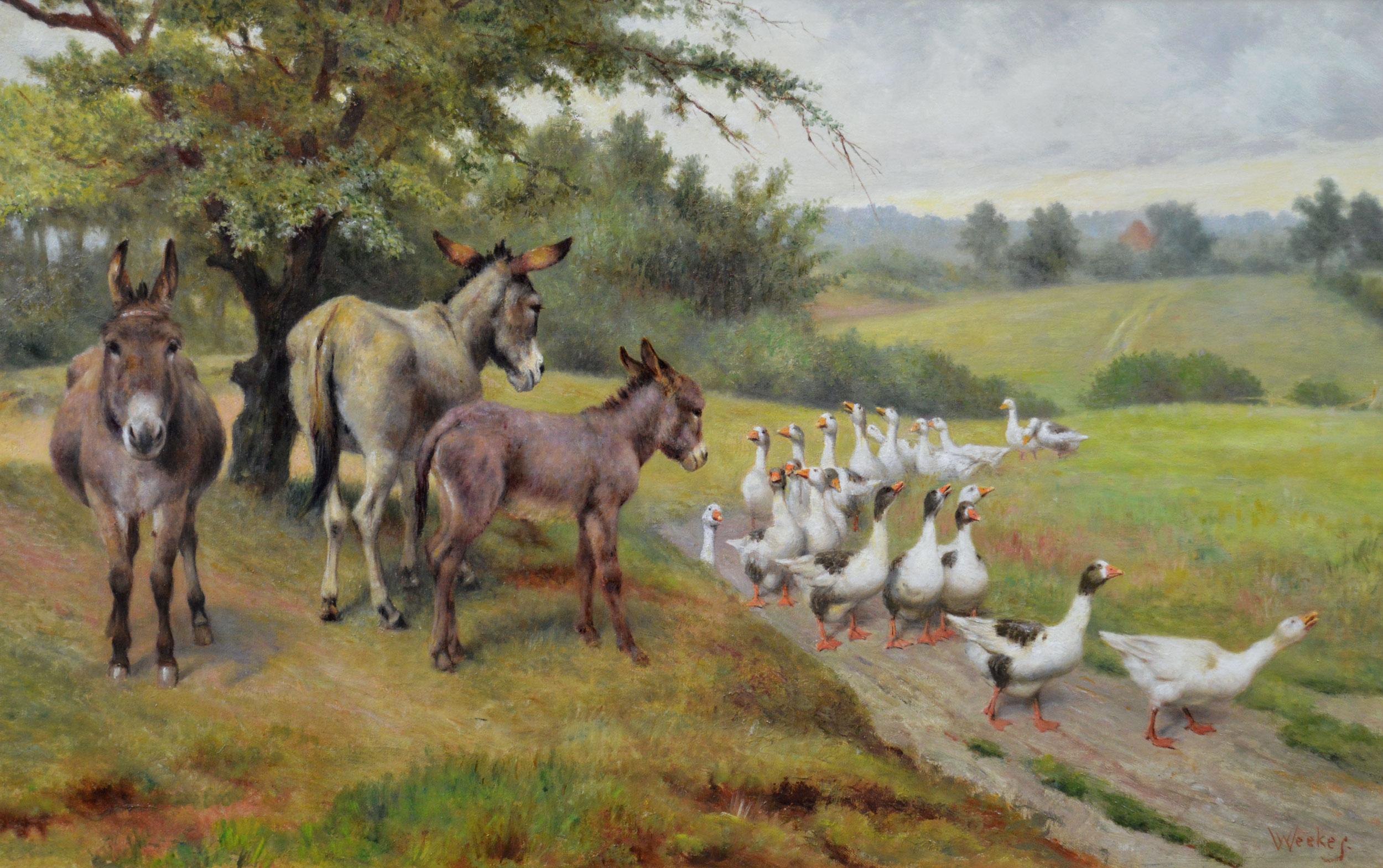 Peinture à l'huile de genre du 19e siècle représentant des ânes et des oies - Painting de Herbert William Weekes