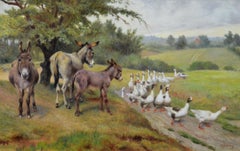 19th Century genre oil painting of donkeys & geese