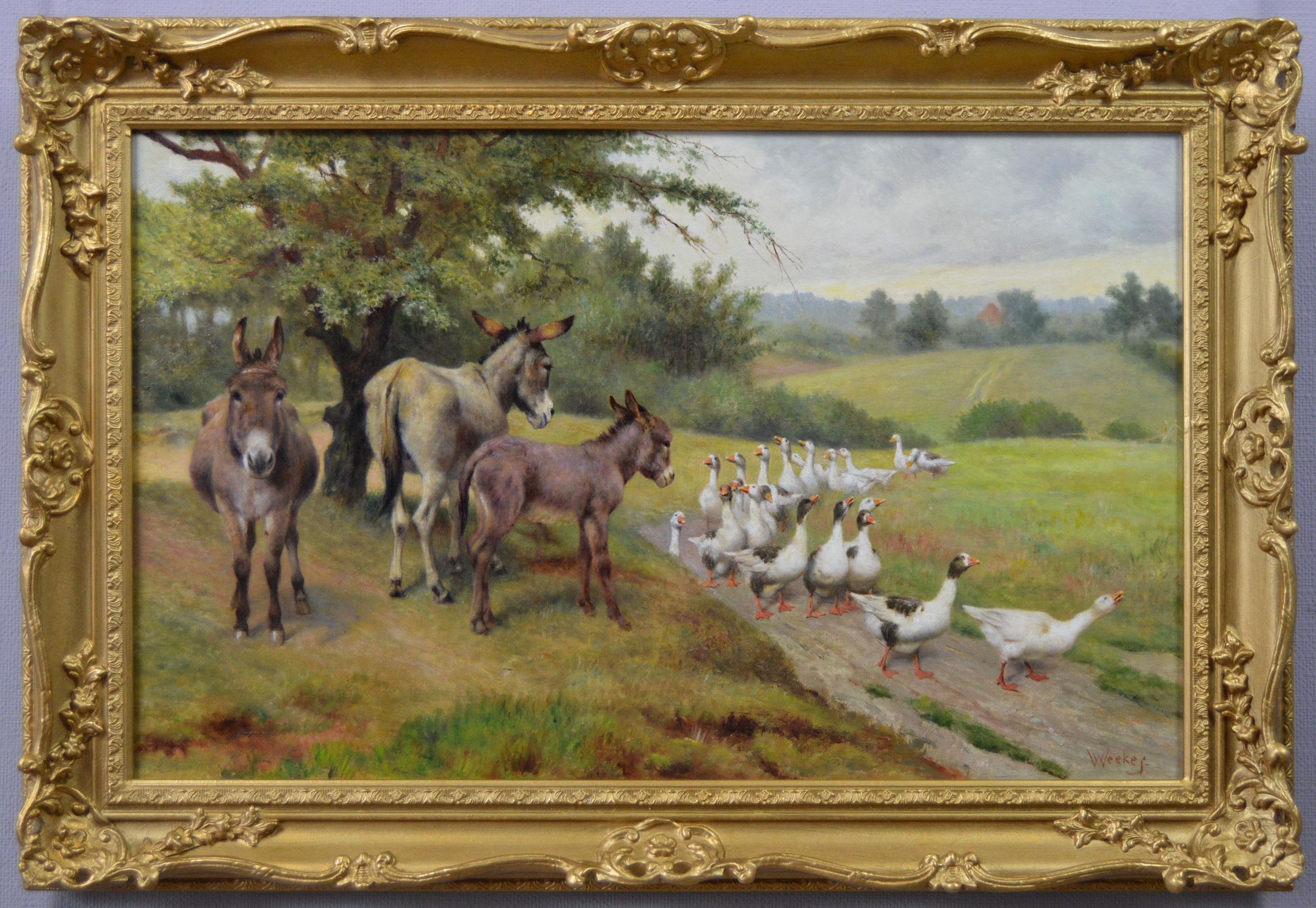 Peinture à l'huile de genre du 19e siècle représentant des ânes et des oies