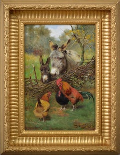 19th Century genre oil painting of donkeys with hens & a rooster