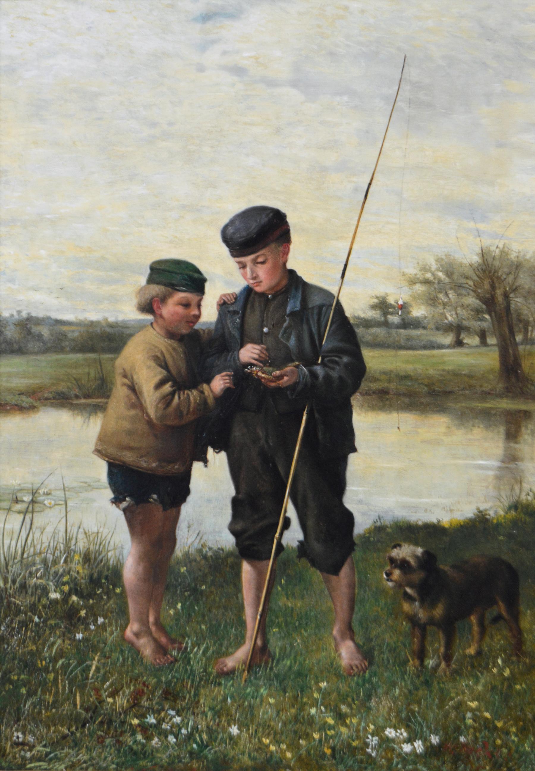 19th Century genre oil painting of two boys fishing  - Painting by Herbert William Weekes