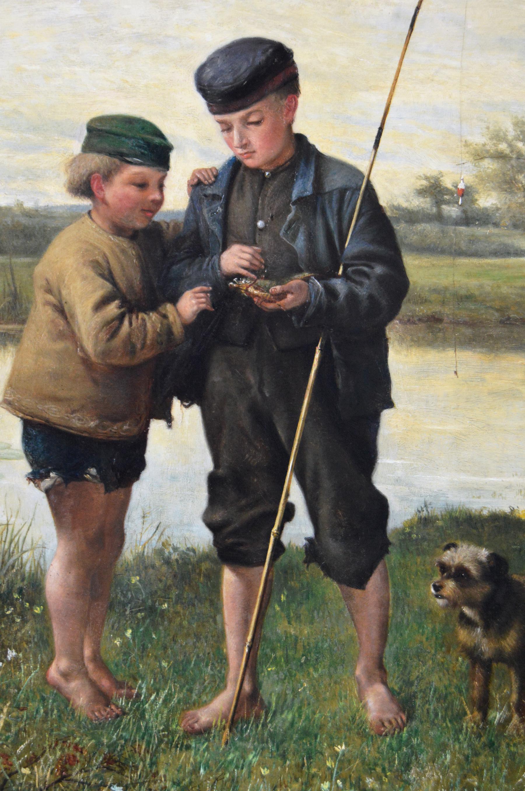 Genre-Ölgemälde von zwei Jungen beim Fischen, 19. Jahrhundert  (Viktorianisch), Painting, von Herbert William Weekes