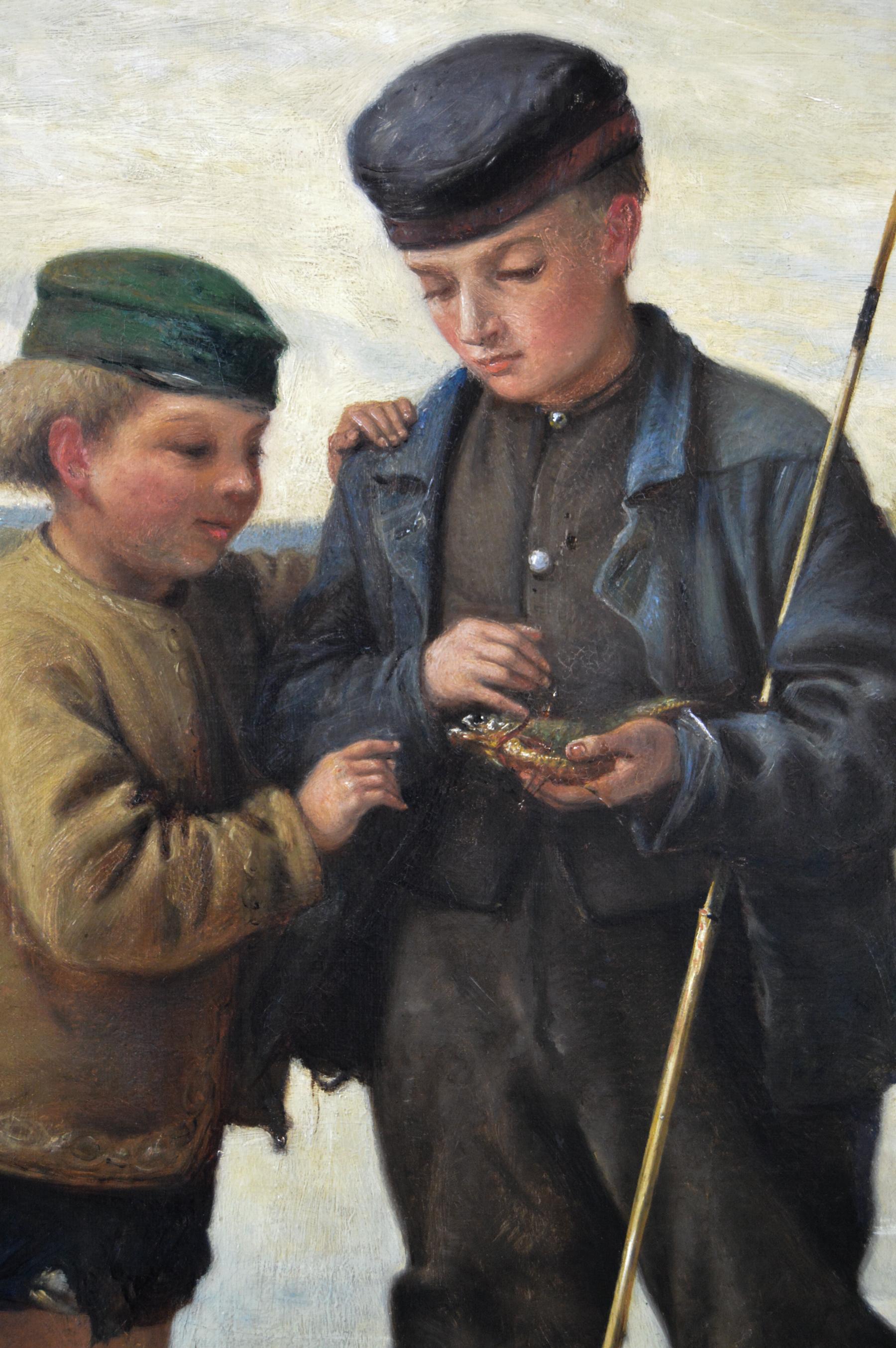 Peinture à l'huile de genre du 19e siècle représentant deux garçons en train de pêcher  - Marron Landscape Painting par Herbert William Weekes