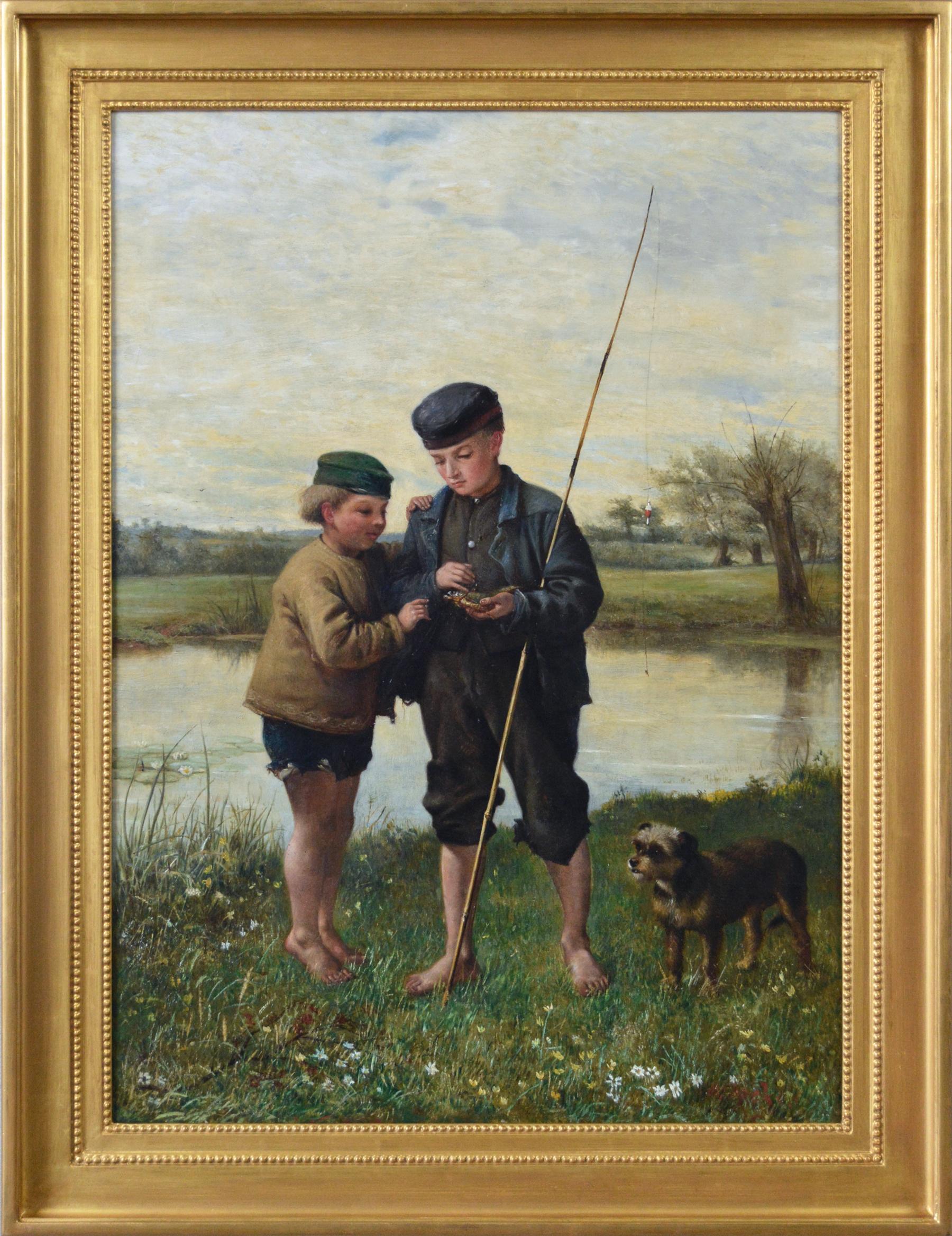 19th Century genre oil painting of two boys fishing 