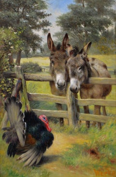 19th Century genre oil painting of two donkeys with a turkey