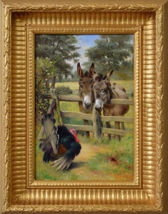 19th Century genre oil painting of two donkeys with a turkey 