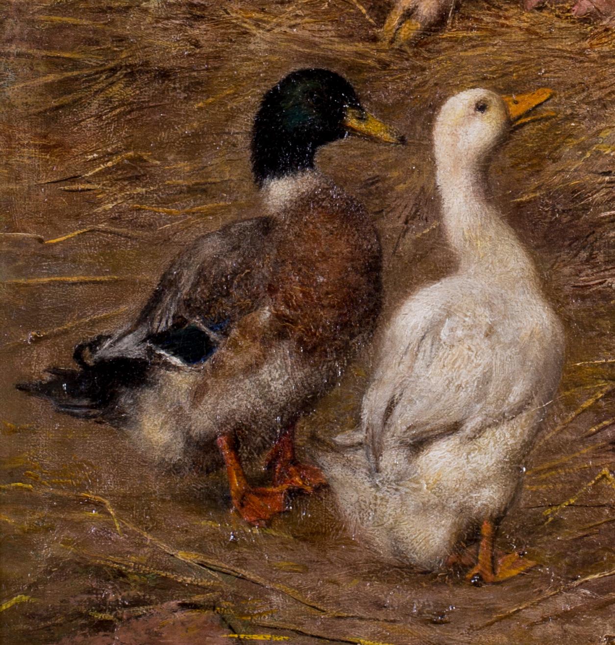 Pigs slumbering amongst ducks and chickens - Victorian Painting by Herbert William Weekes