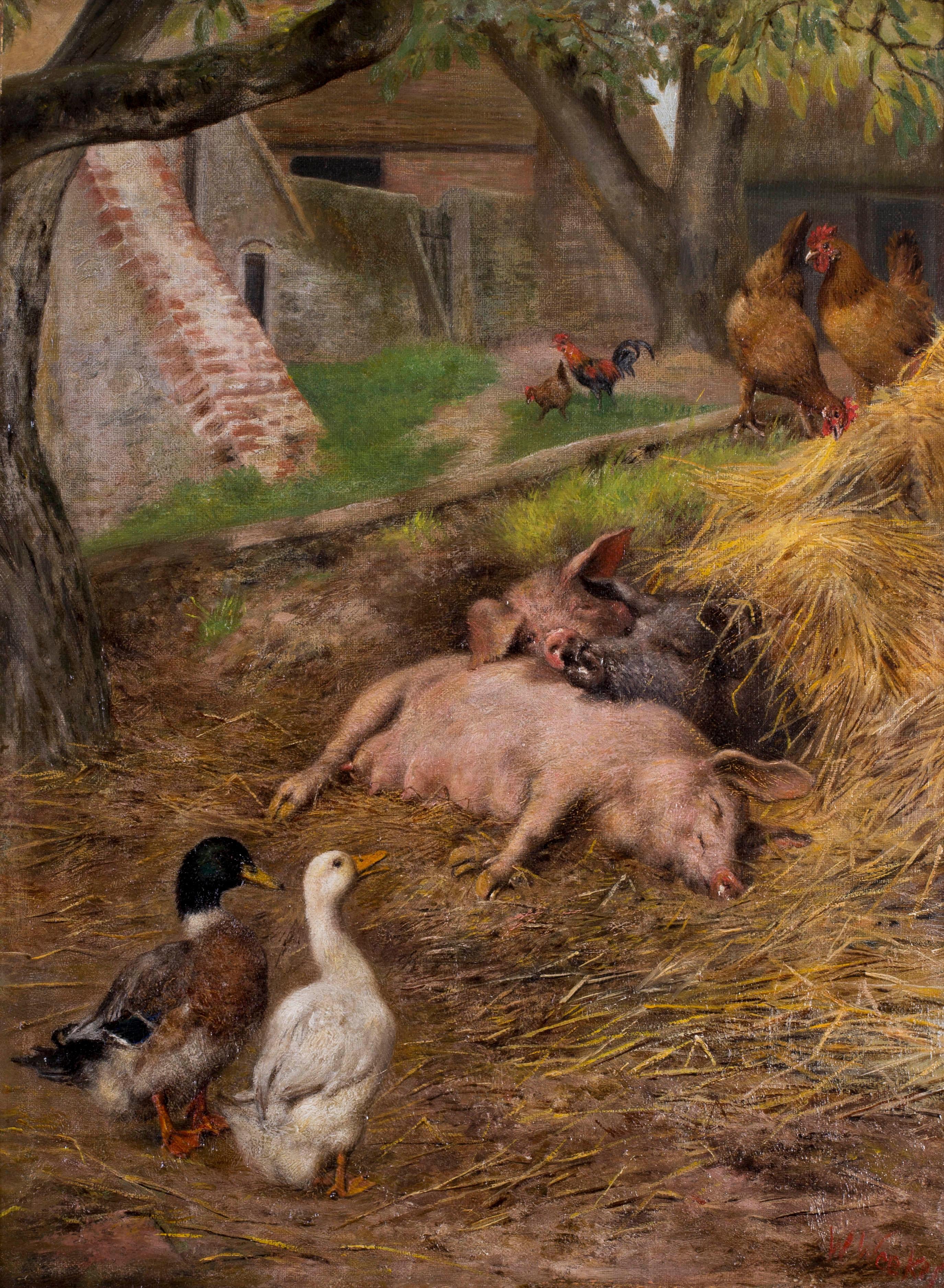 Pigs slumbering amongst ducks and chickens - Brown Animal Painting by Herbert William Weekes