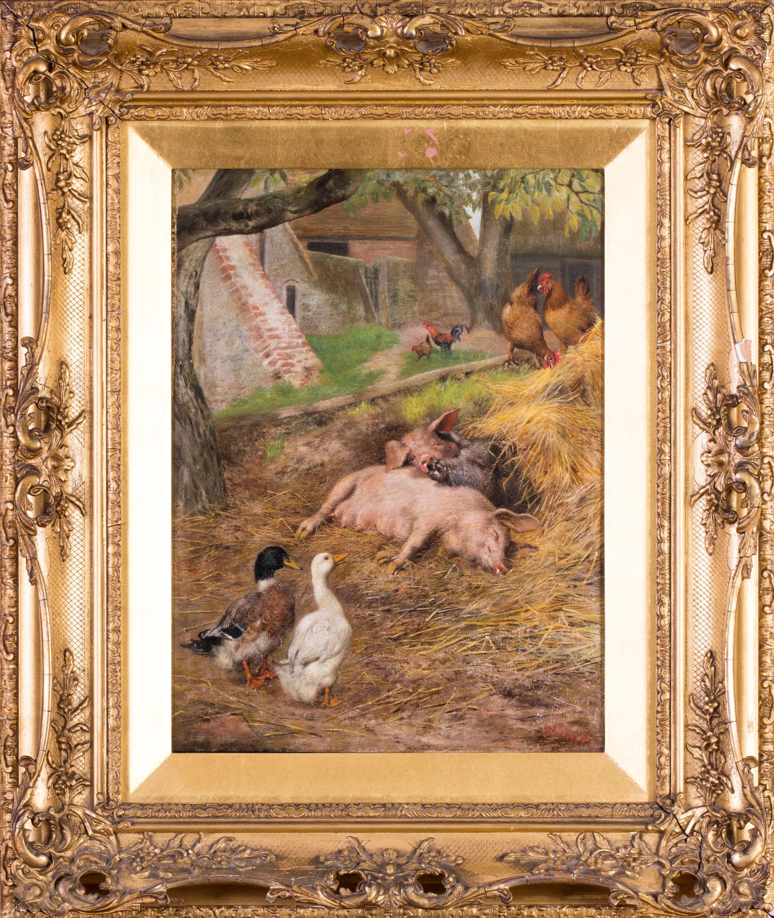 Herbert William Weekes Animal Painting - Pigs slumbering amongst ducks and chickens