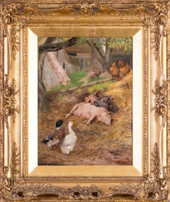 Antique Pigs slumbering amongst ducks and chickens