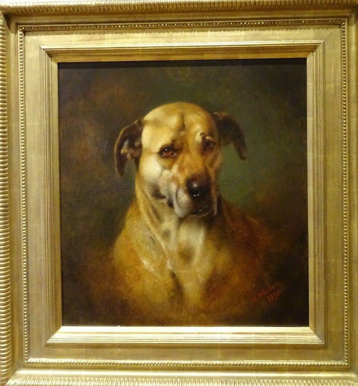 Portrait Of An English Mastiff, dated 1871 - Painting by Herbert William Weekes