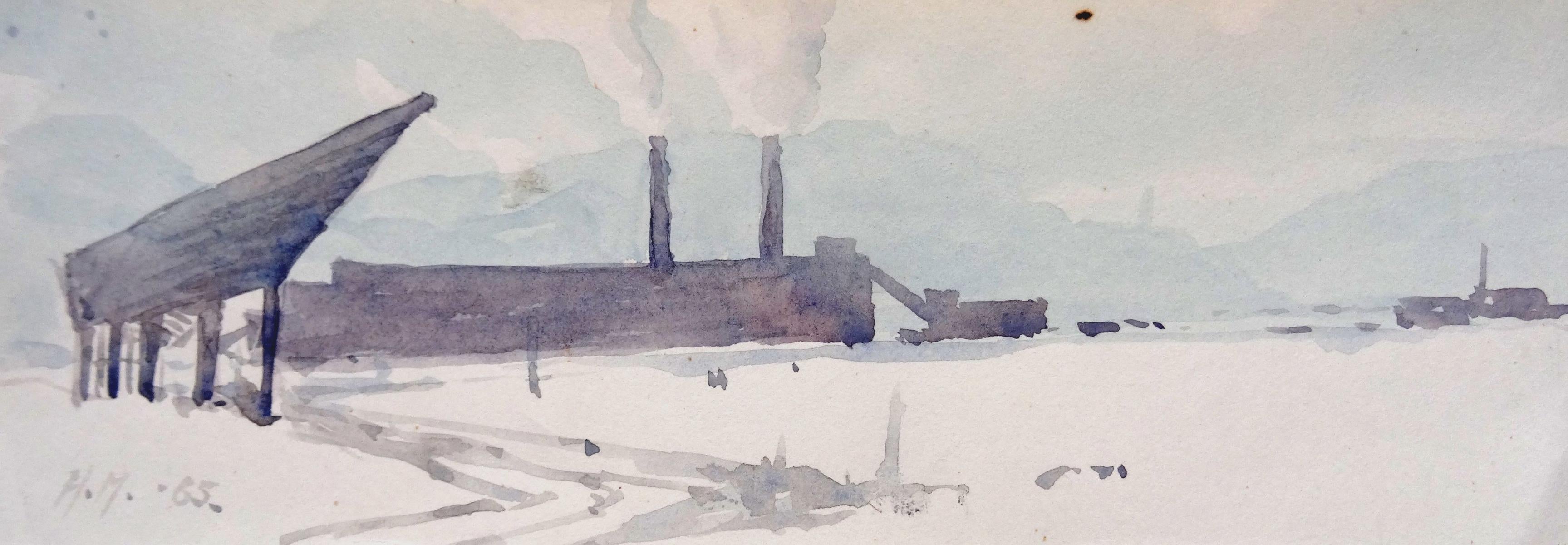 Herberts Mangolds Landscape Art - Cargo ship  1965. paper/watercolor., 8x22.3 cm