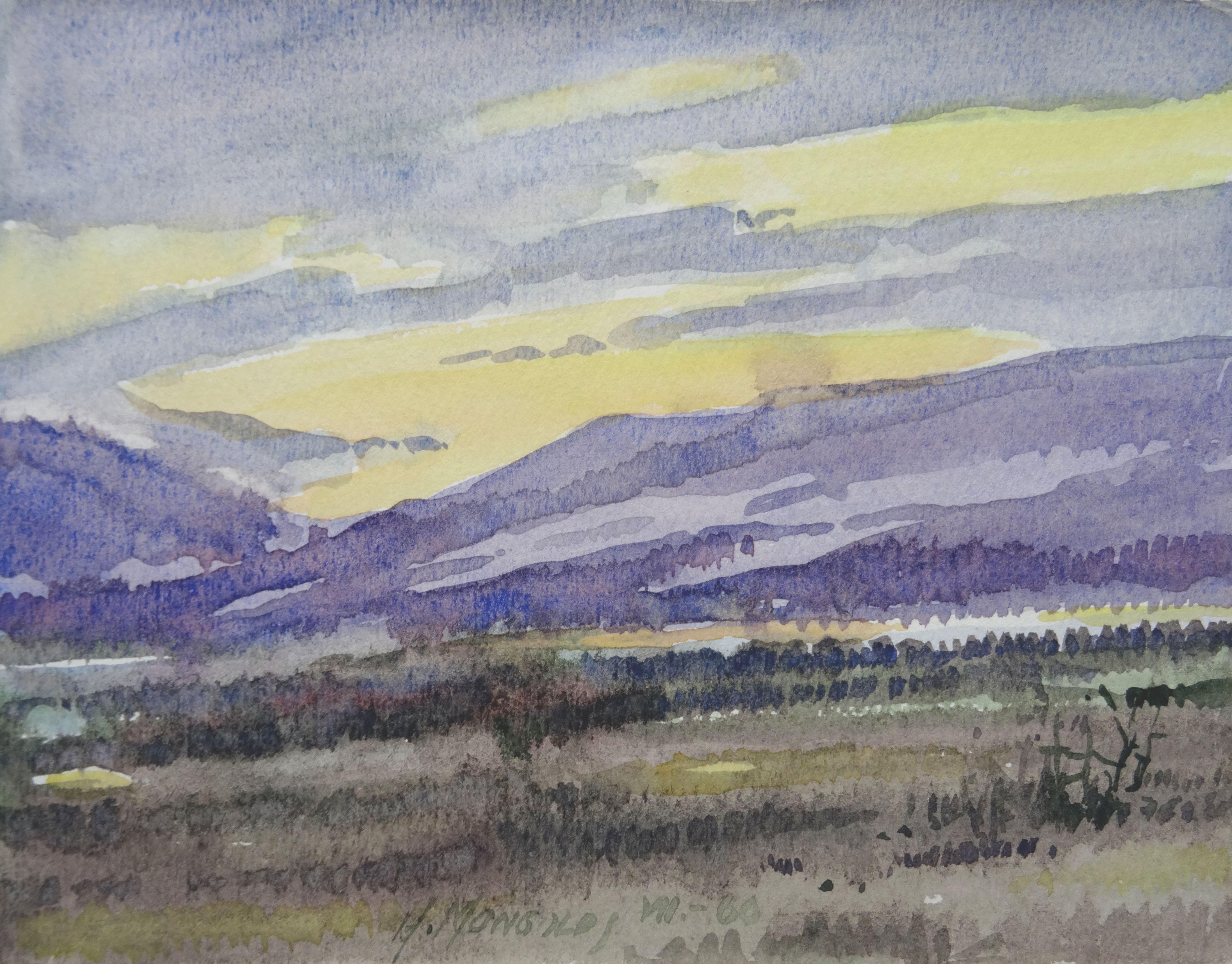 Herberts Mangolds Landscape Art - Evening  1960, paper/watercolor, 14x18.5 cm