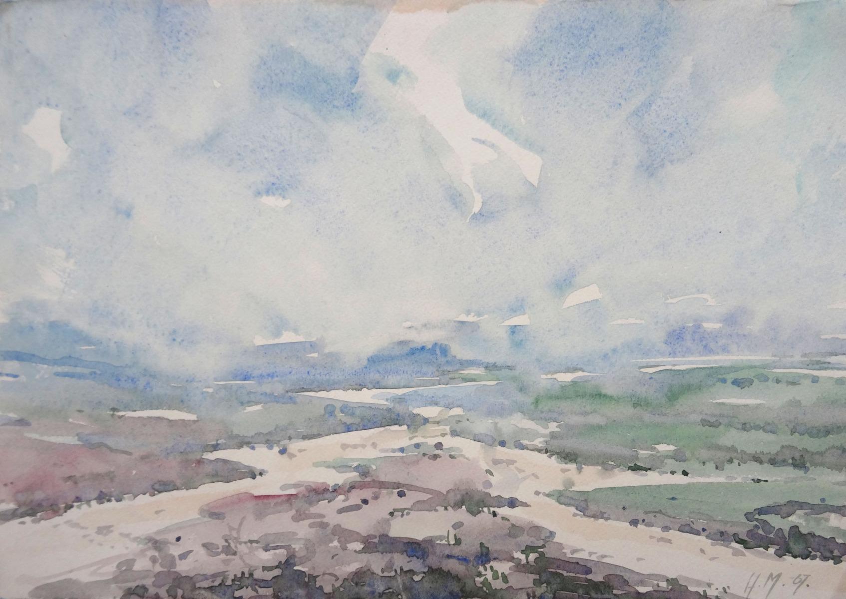 Herberts Mangolds Landscape Art – Feld  1967, Papier/Aquarell, 20,5x29,5 cm