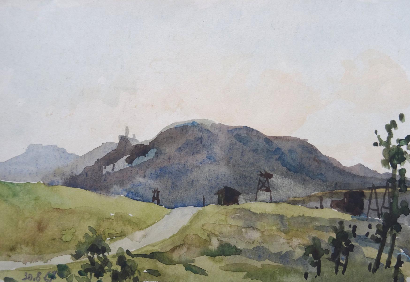 Herberts Mangolds Landscape Painting – Hügel  1969, Papier/Aquarell, 17,5x25 cm