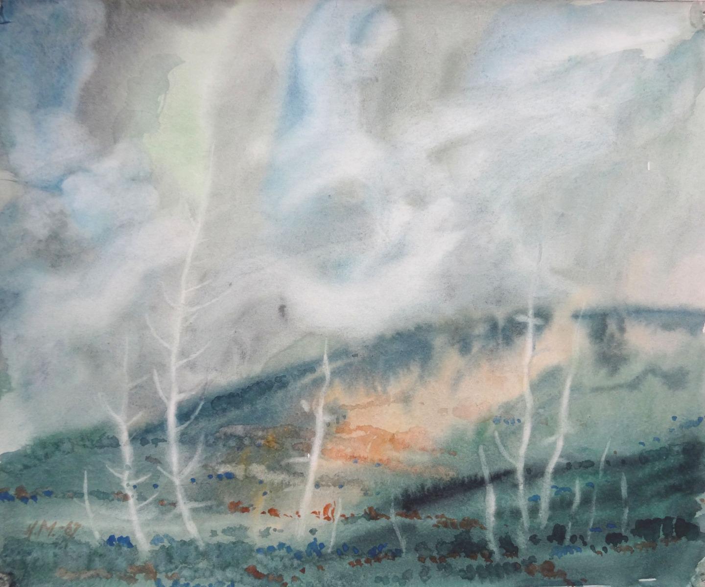 Herberts Mangolds Landscape Painting - Landscape  1967, paper/watercolor, 29.5x35.5 cm