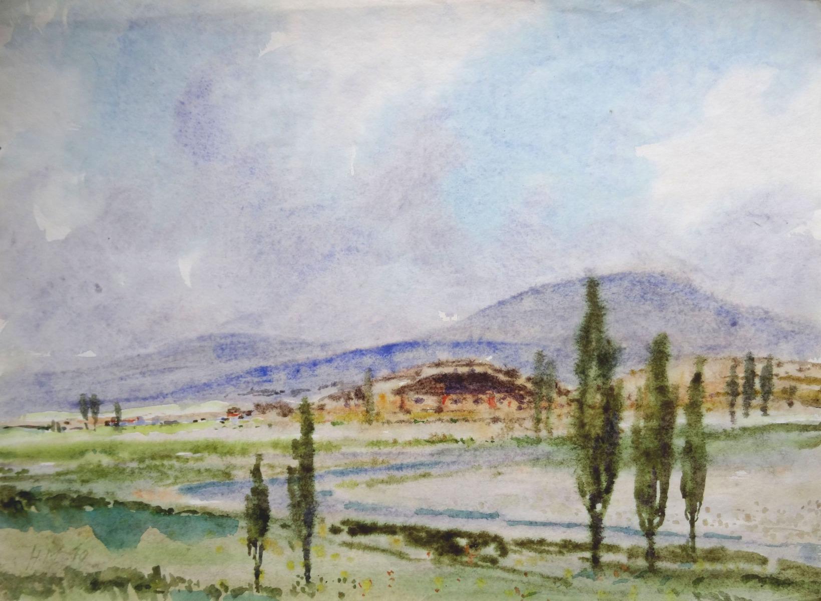 Herberts Mangolds Landscape Art - Landscape  1970, paper/watercolor., 30x42 cm