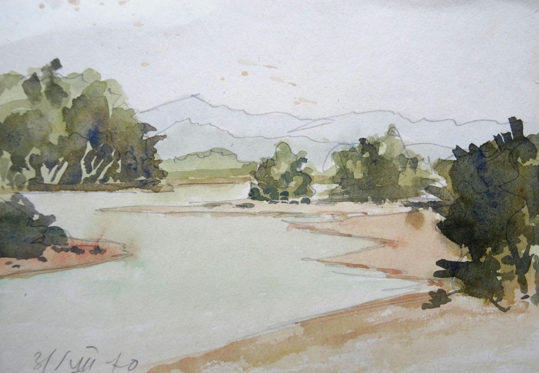 Herberts Mangolds Landscape Painting - River  1970, paper/watercolor/pencil, 14x20 cm