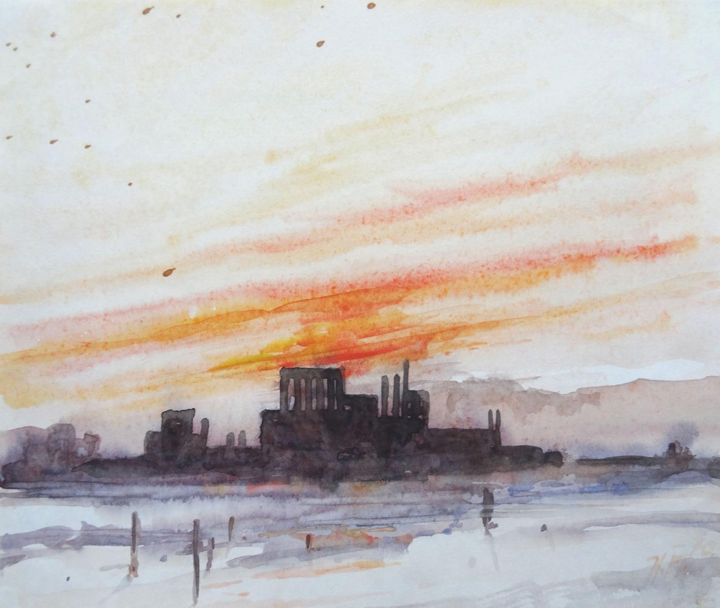 Herberts Mangolds Landscape Painting - Sunset  1970, paper/watercolor., 20x24 cm