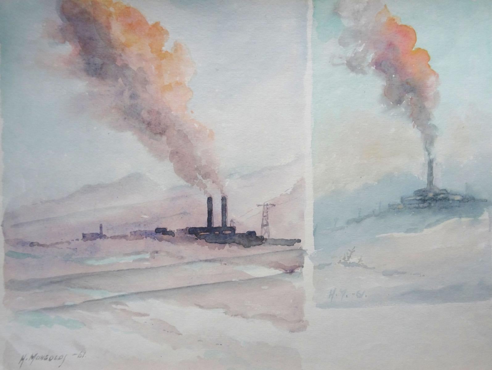 Herberts Mangolds Landscape Painting - The factory  1961, paper/watercolor, 28.5x40.5 cm