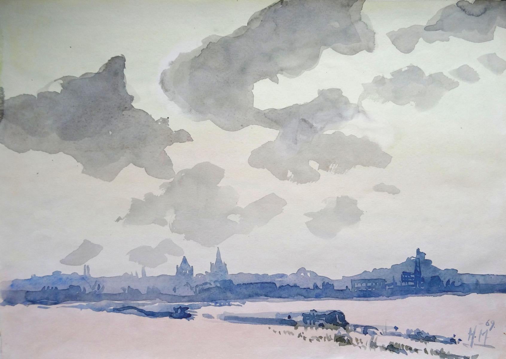 Herberts Mangolds Landscape Painting - City 1969, paper/watercolor, 29x40.5 cm