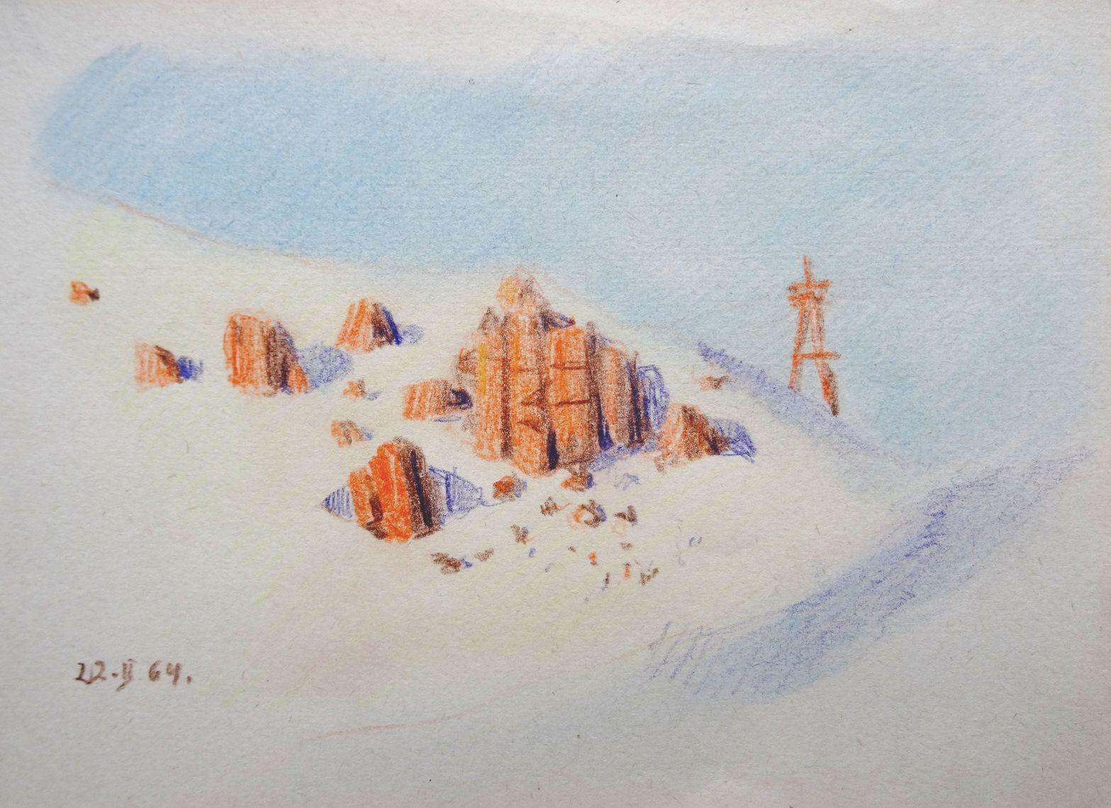 Herberts Mangolds Landscape Art - The village  1964, paper/crayons/pencil., 14x19 cm