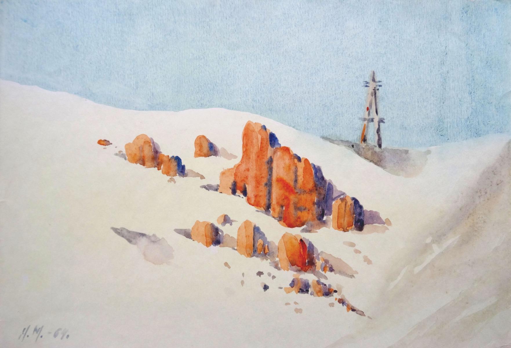 Herberts Mangolds Landscape Painting - The village  1964, paper/watercolor., 20.5x29.5 cm
