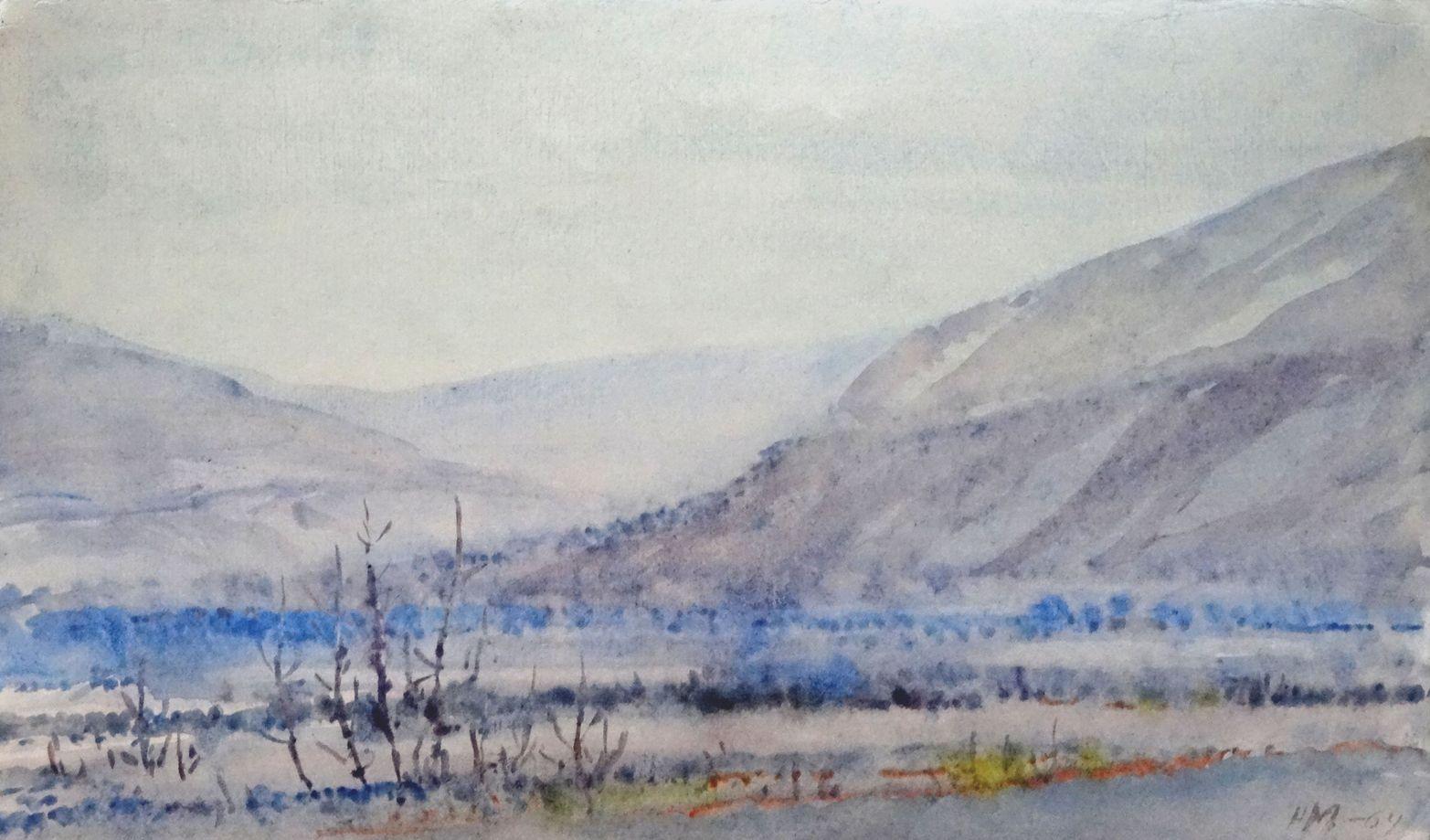 Landscape Art de Herberts Mangolds - Valle  1969, papel, acuarela, 18x31 cm
