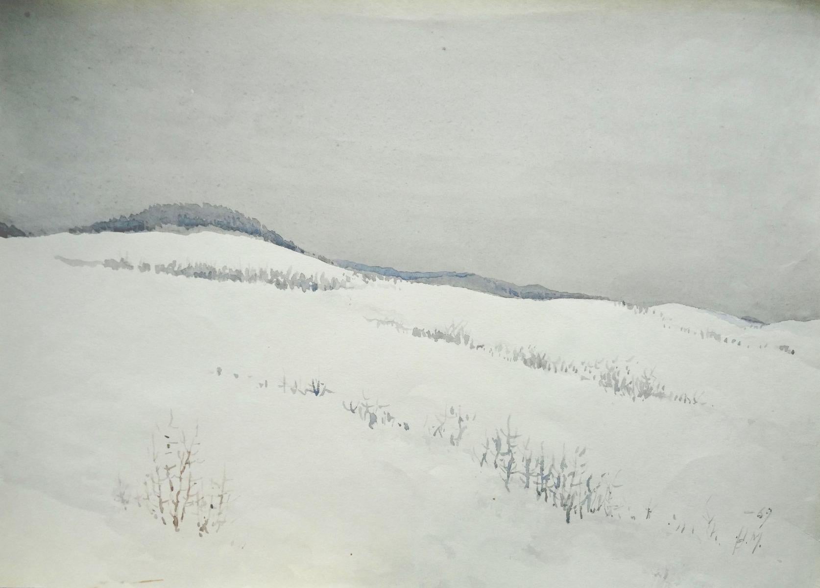 Herberts Mangolds Landscape Art – Winter  1969, Papier/Aquarell, 29x40,5 cm