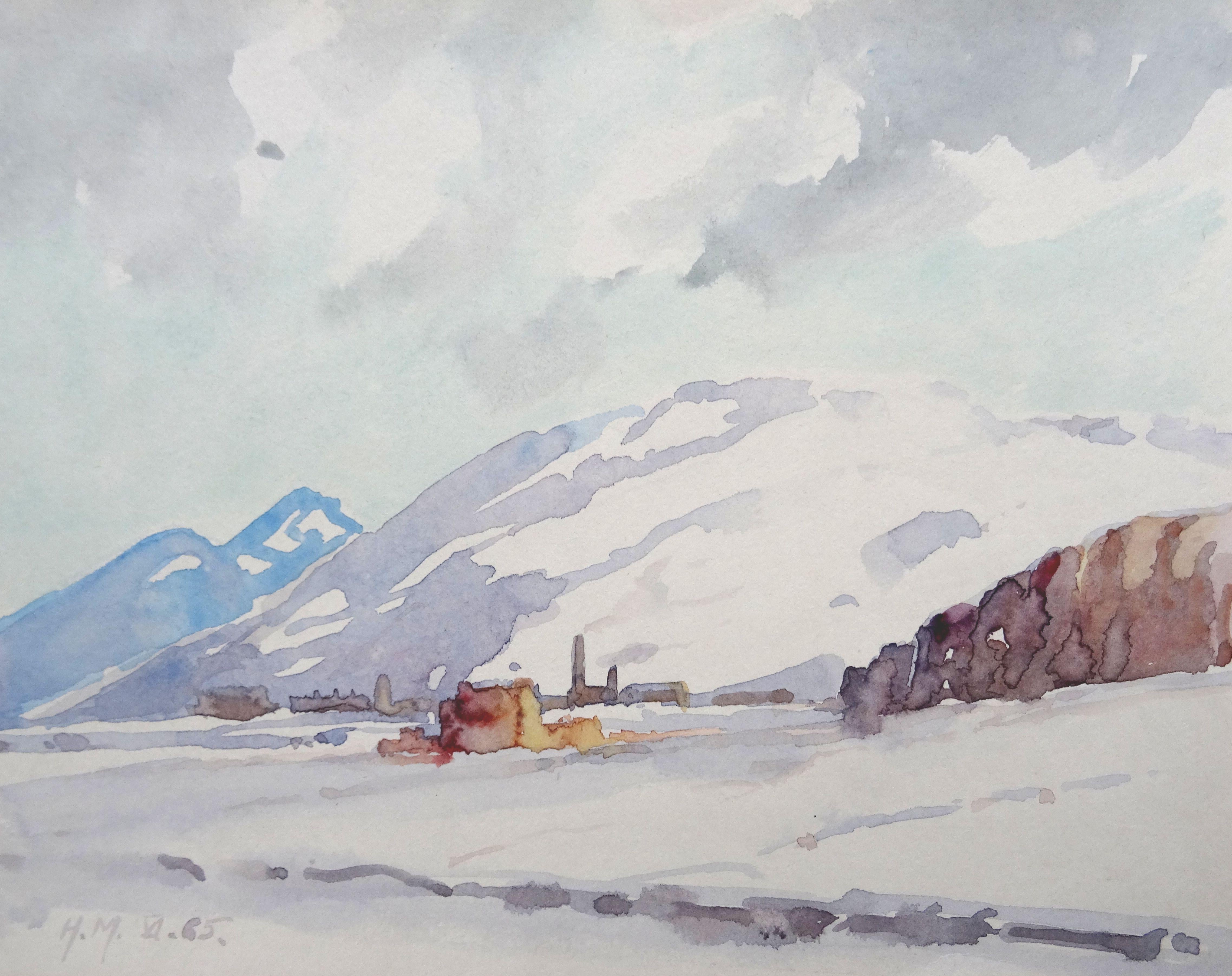 Herberts Mangolds Landscape Art - Winter landscape  1965, paper/watercolor, 20x25.5 cm