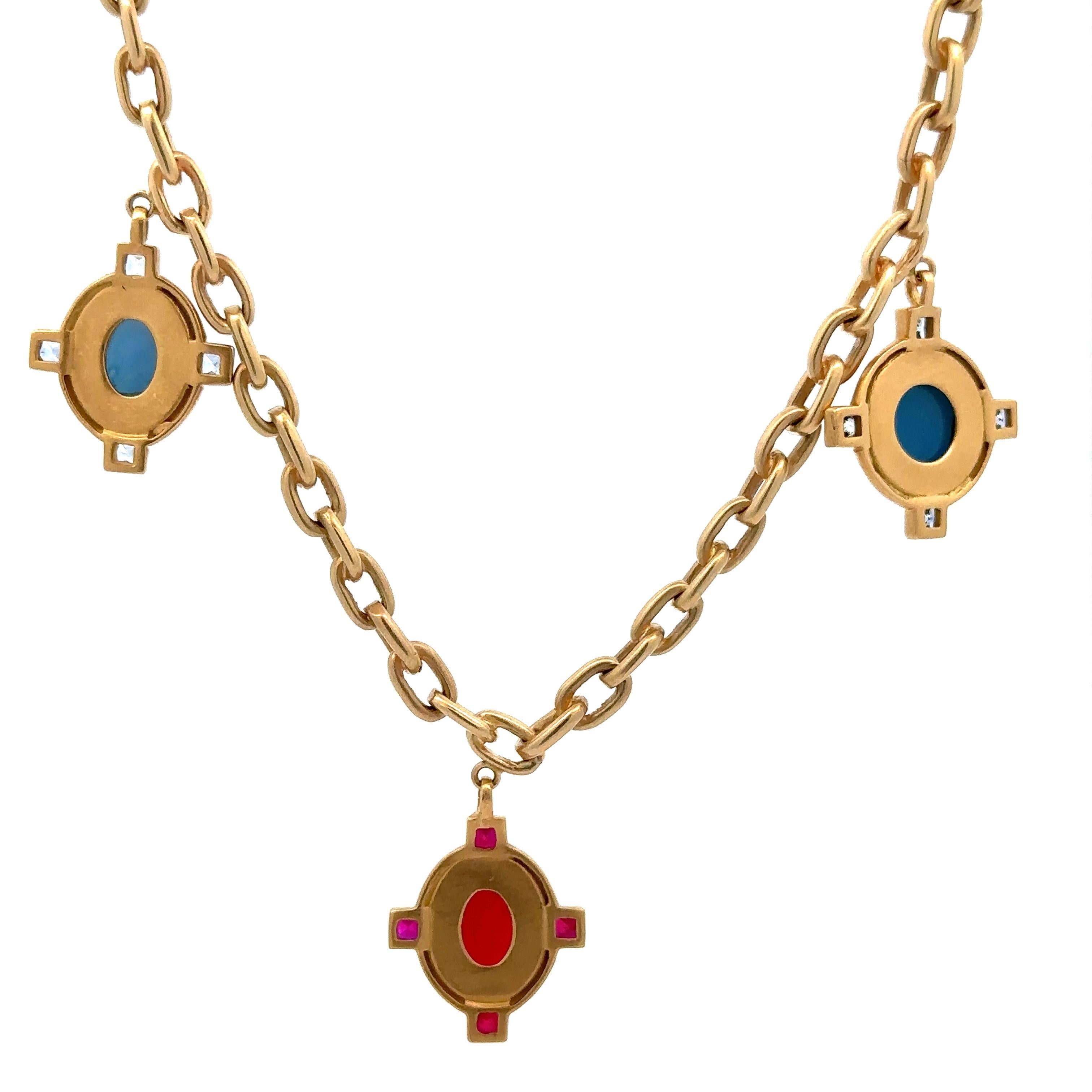 Herco 14k Gold Intaglio Hardstone Red Blue Stones Dangle Pendant Cable Necklace For Sale 2