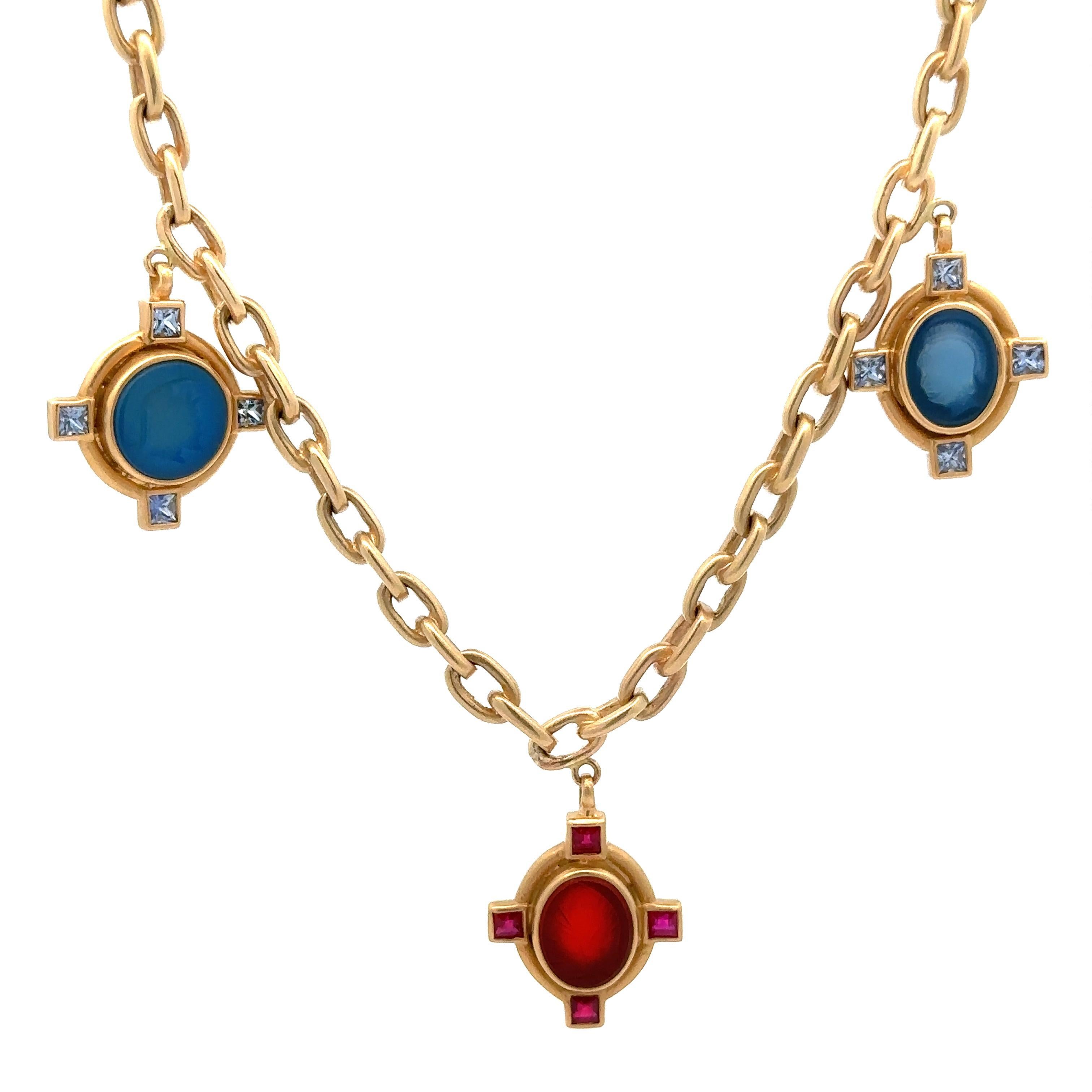 Herco 14k Gold Intaglio Hardstone Red Blue Stones Dangle Pendant Cable Necklace For Sale 3